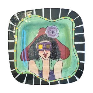 Hand-Painted Ceramic Square Plate With Whimsical Woman Design By Character Colle